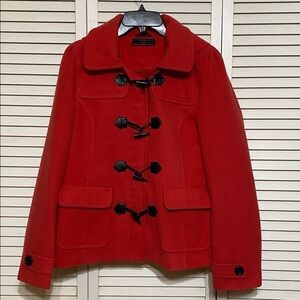 New Look Red Peacoat with Toggles and Hood Size 10
